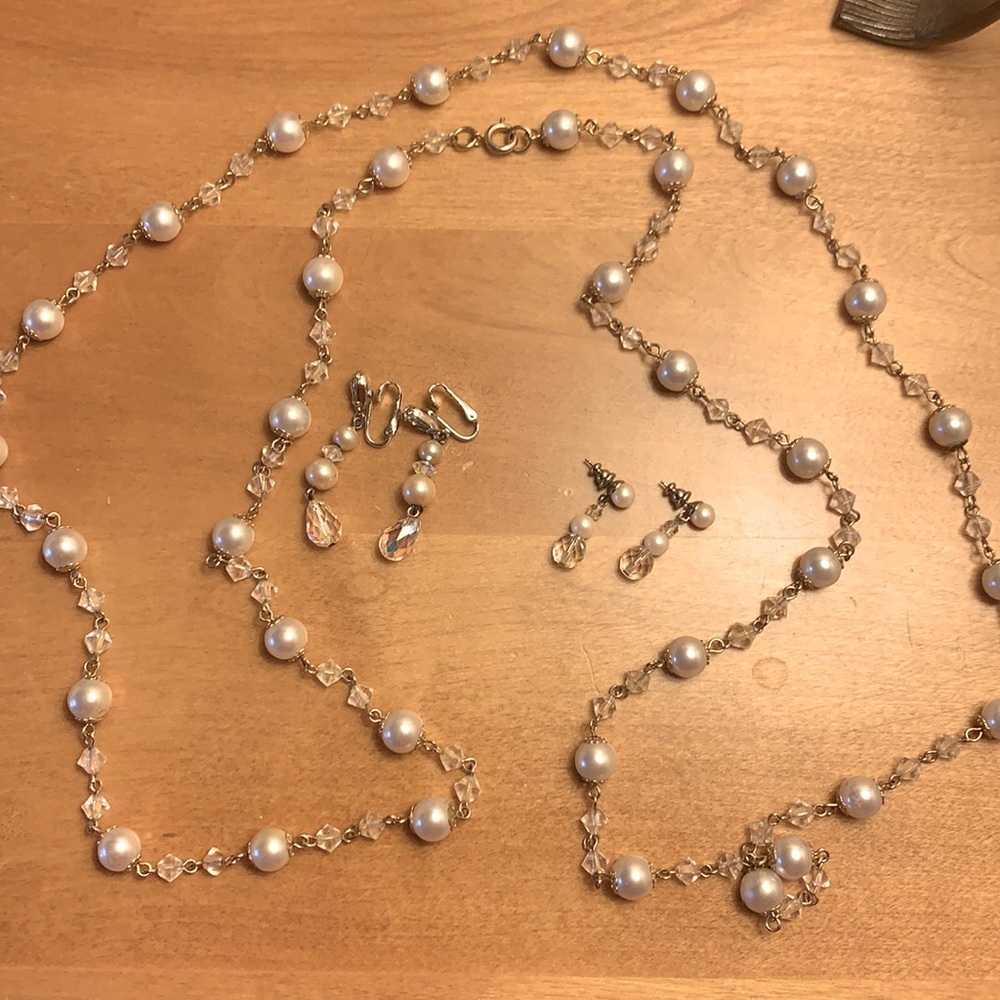 Vintage Pearls & Crystals Necklace with 2 Pair (Pierced & Clip) Earrings